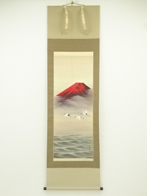 渡辺玉豊筆　洋上赤富士　肉筆絹本掛軸（中島清堂識箱）